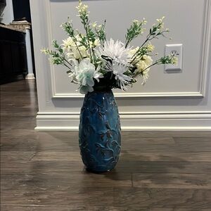 Elegant Blue and Brown Floral Vase with White and Green Accents